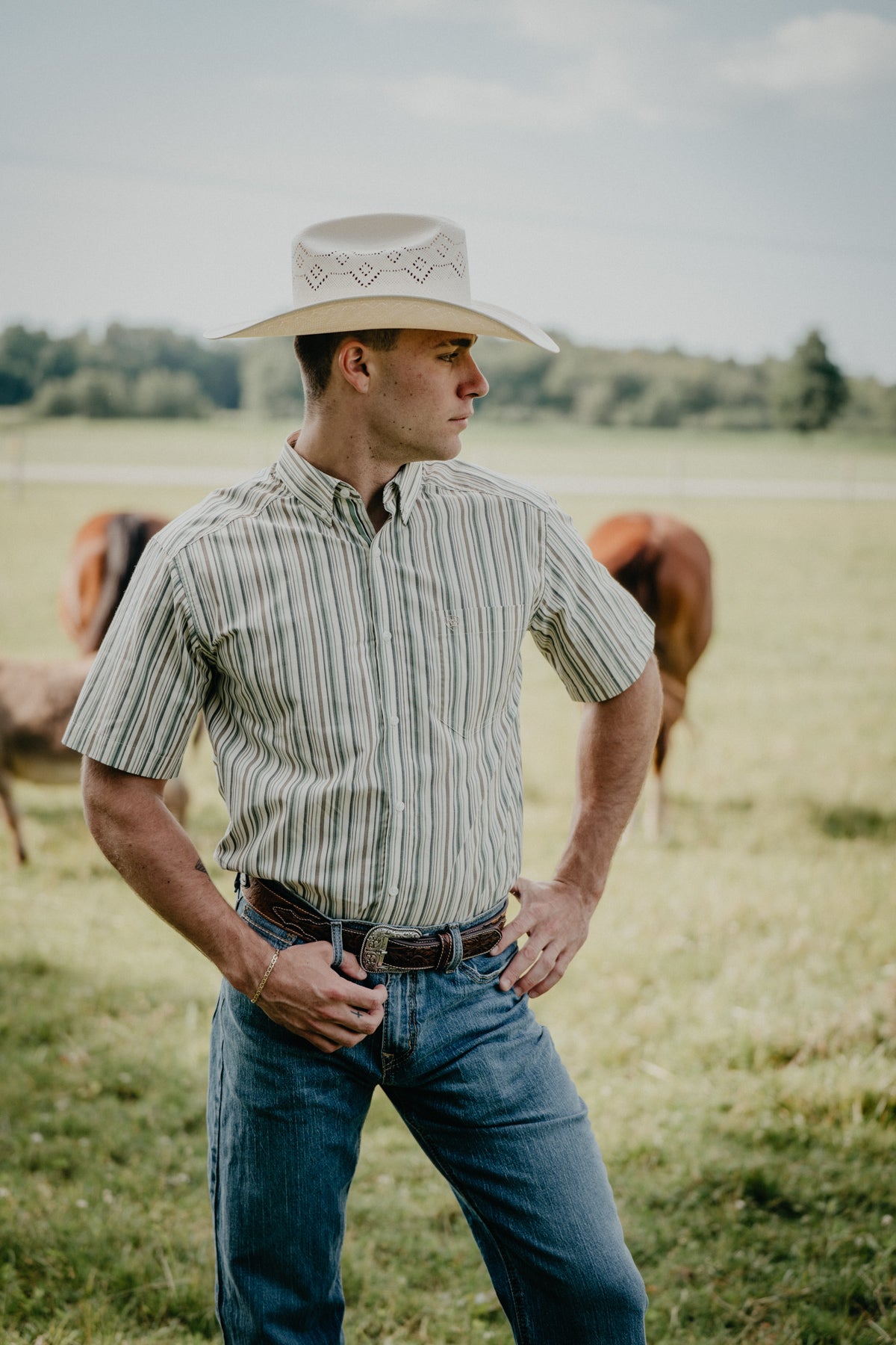 'Porter' Men's Ariat Short Sleeve Green Pin Stripe Button Down