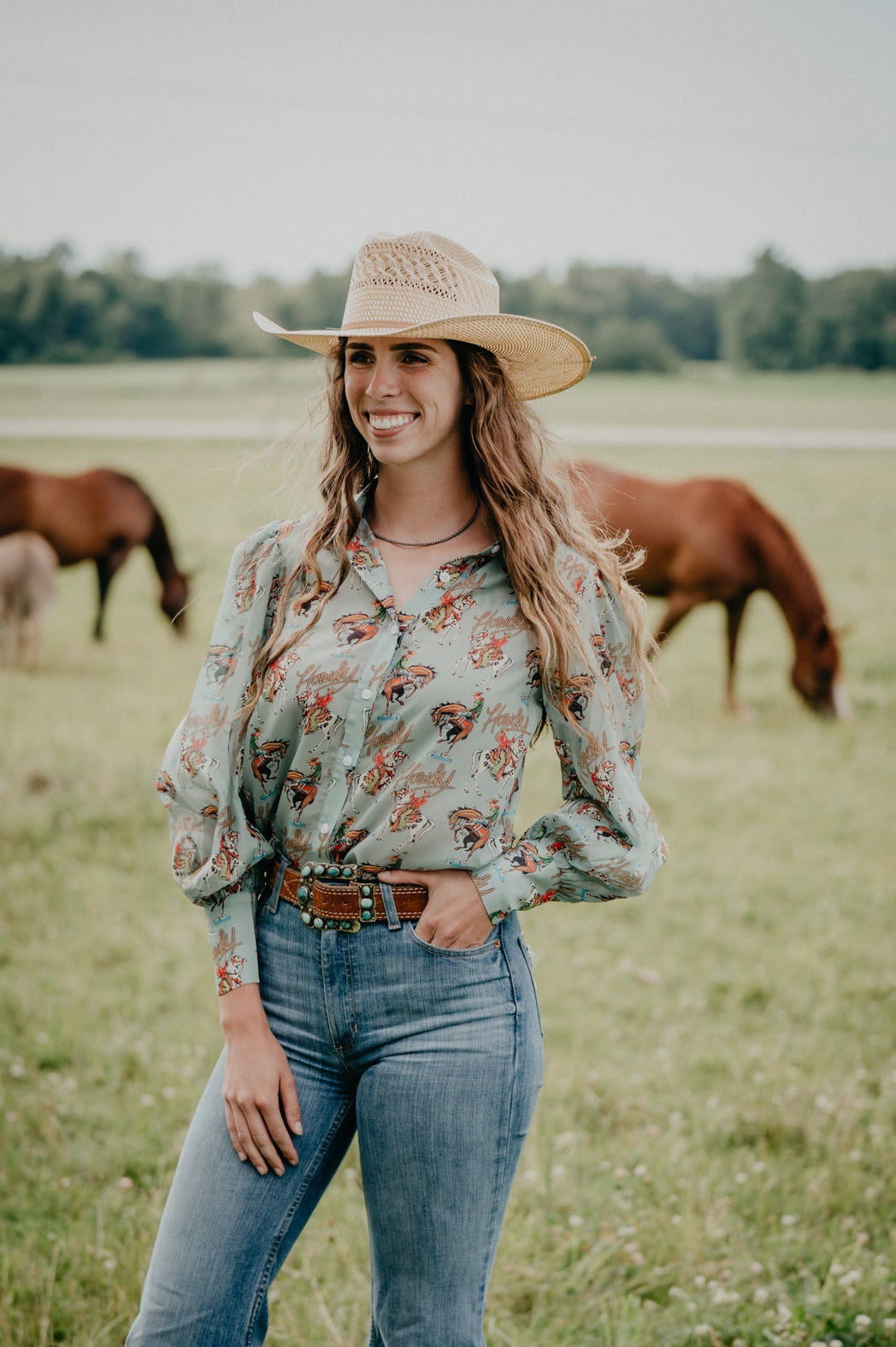 'Tina' Sage Green Western Print Button-Up Blouse (S-XL)