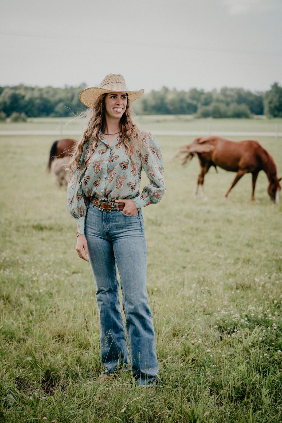 'Tina' Sage Green Western Print Button-Up Blouse (S-XL)
