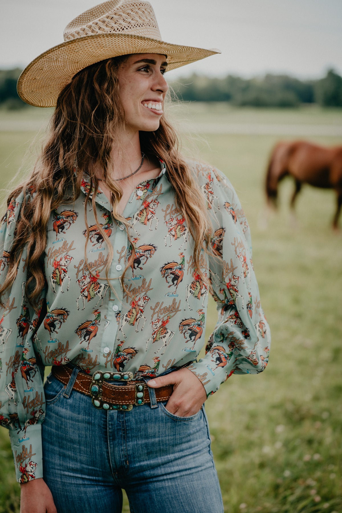 'Tina' Sage Green Western Print Button-Up Blouse (S-XL)