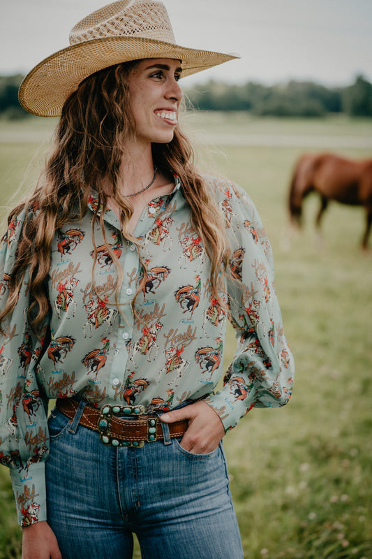 'Tina' Sage Green Western Print Button-Up Blouse (S-XL)