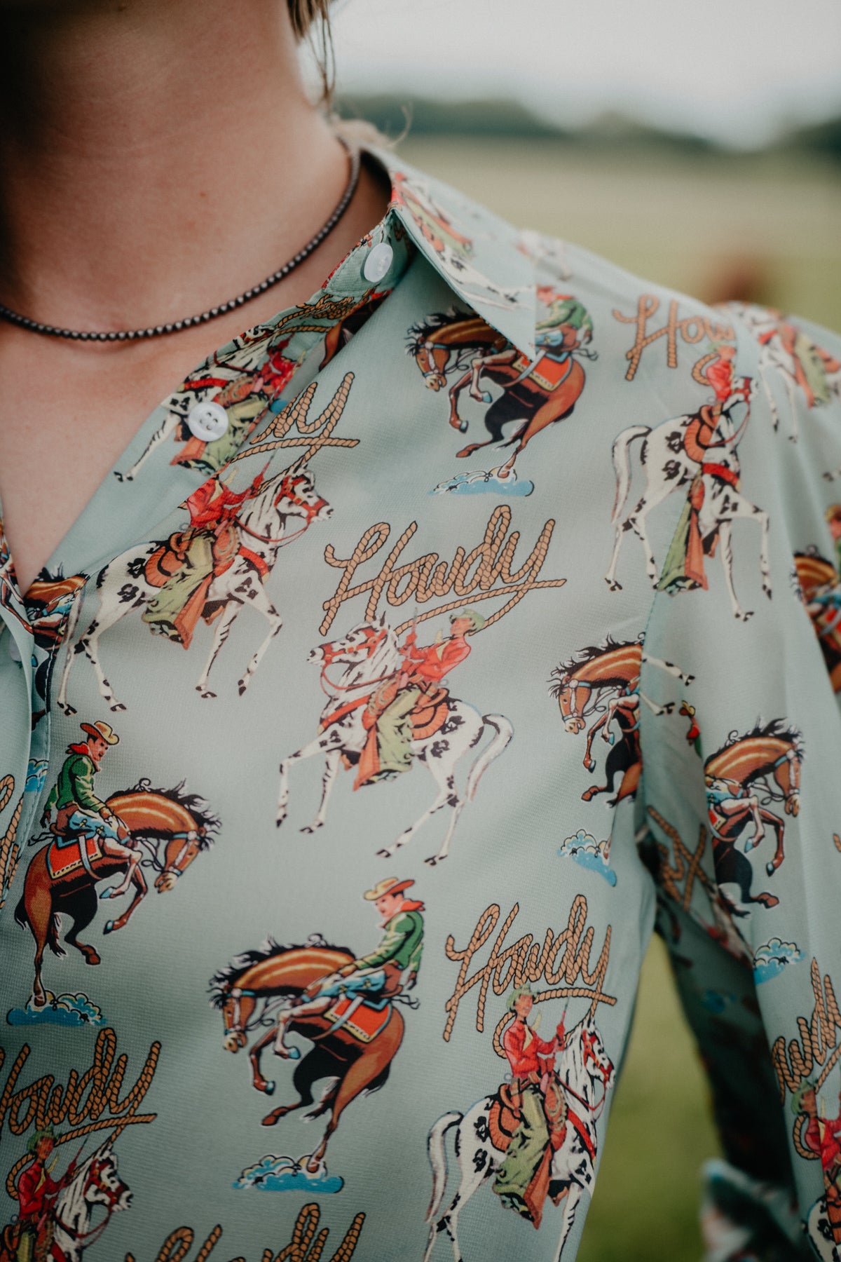 'Tina' Sage Green Western Print Button-Up Blouse (S-XL)