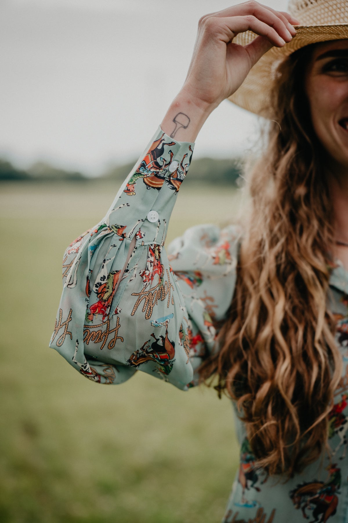 'Tina' Sage Green Western Print Button-Up Blouse (S-XL)
