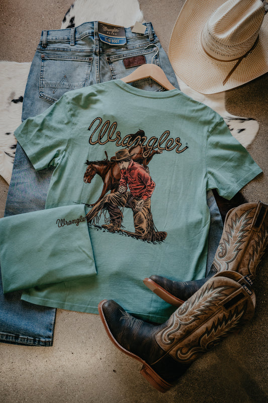 112375739 Men's Oil Blue Wrangler Kneeling Cowboy T-Shirt (S-XXL)