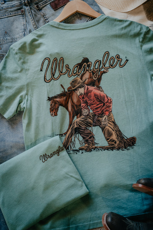 112375739 Men's Oil Blue Wrangler Kneeling Cowboy T-Shirt (S-XXL)