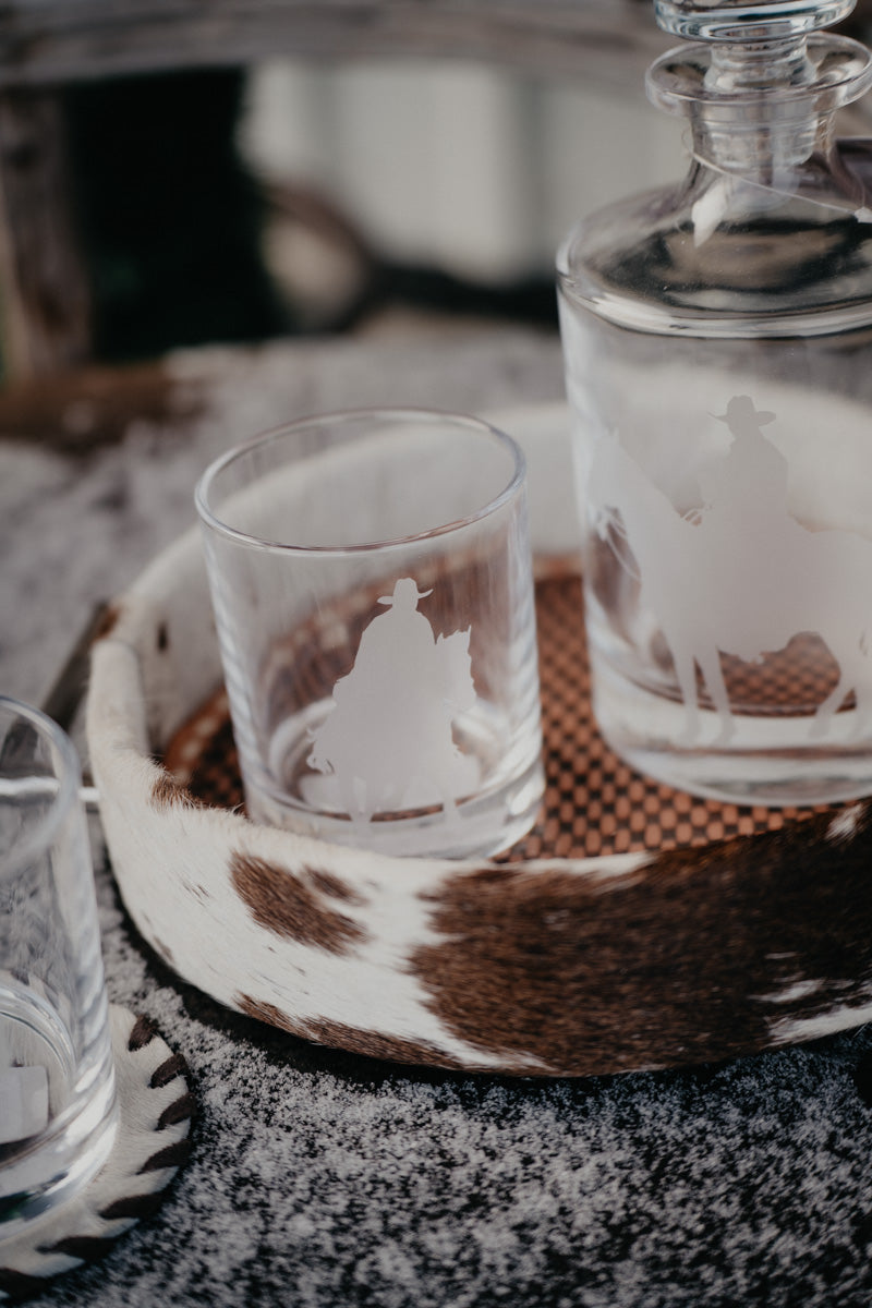 Cowboy Etched Double Old Fashioned Drinking Glass