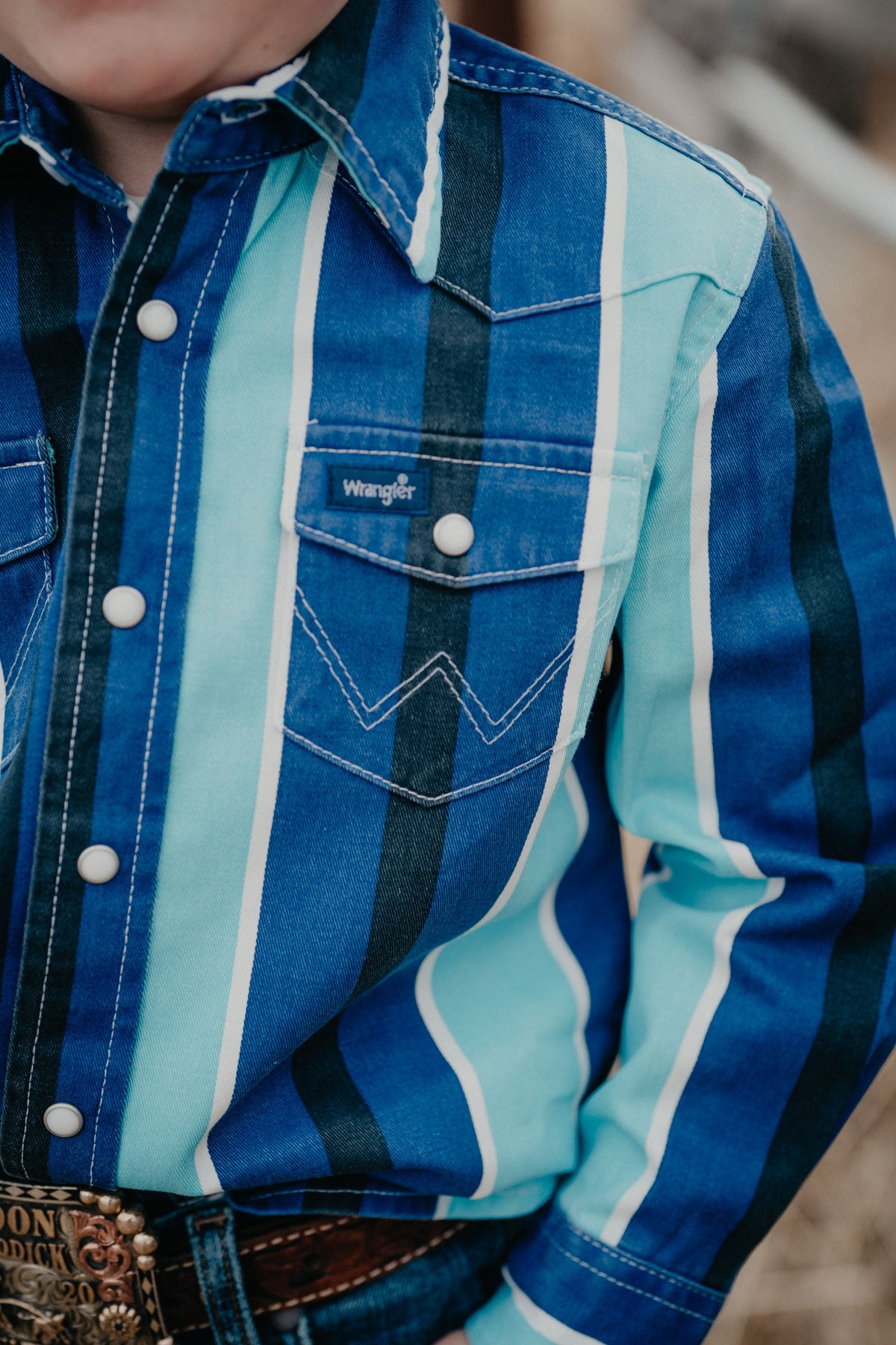 'Jerry JR'  Boy's Wrangler Blue/Teal Striped Brushpopper Shirt (XXS-XXL)