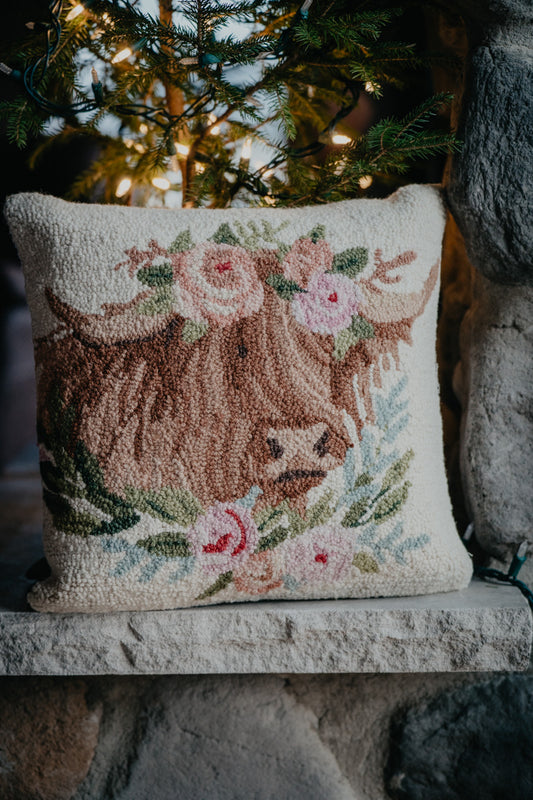 Highland Cow 16" Rug Hooked Pillow
