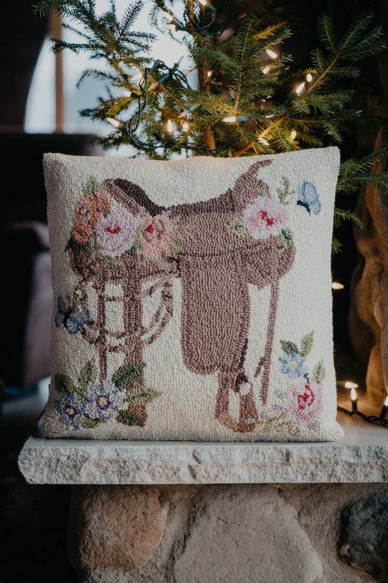 Rosewood Ranch Flag Saddle 18" Rug Hooked Pillow