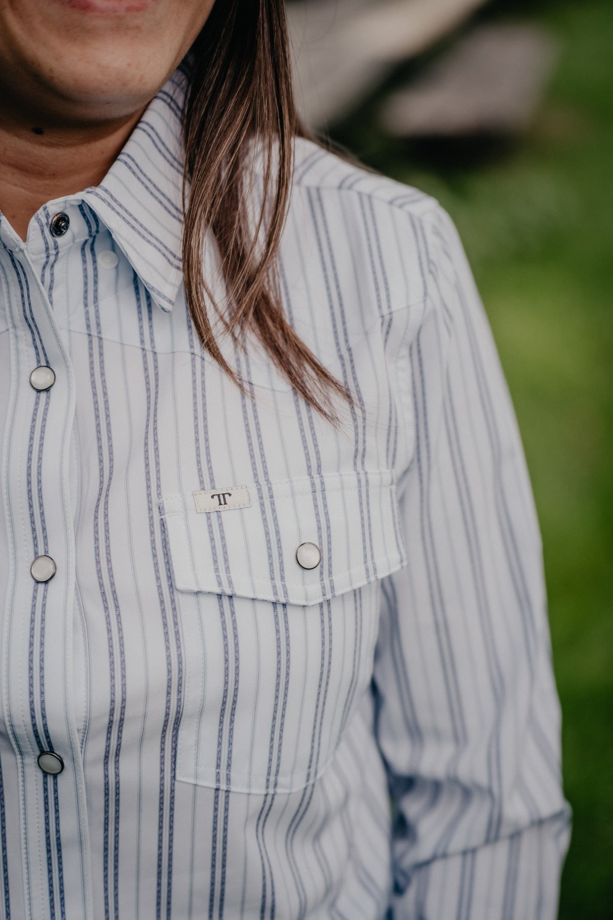 'The Jackie' Blue Striped Women's Long Sleeve Pearl Snap by Ferrell