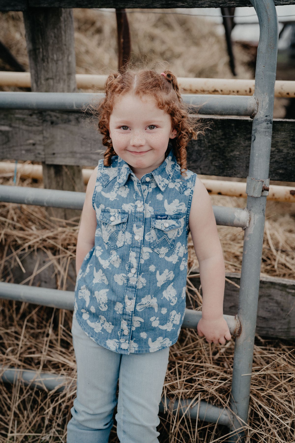 'Bonnie' Wrangler Girls Sleeveless Denim Boot Pearl Snap Shirt (XS - XL)