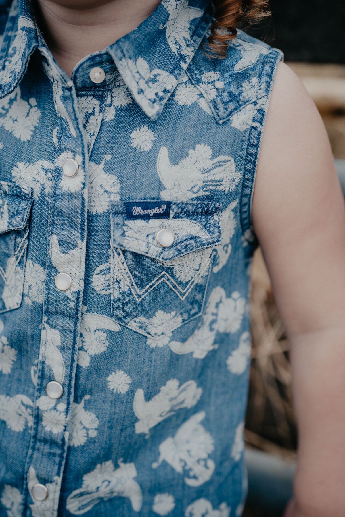 'Bonnie' Wrangler Girls Sleeveless Denim Boot Pearl Snap Shirt (XS - XL)
