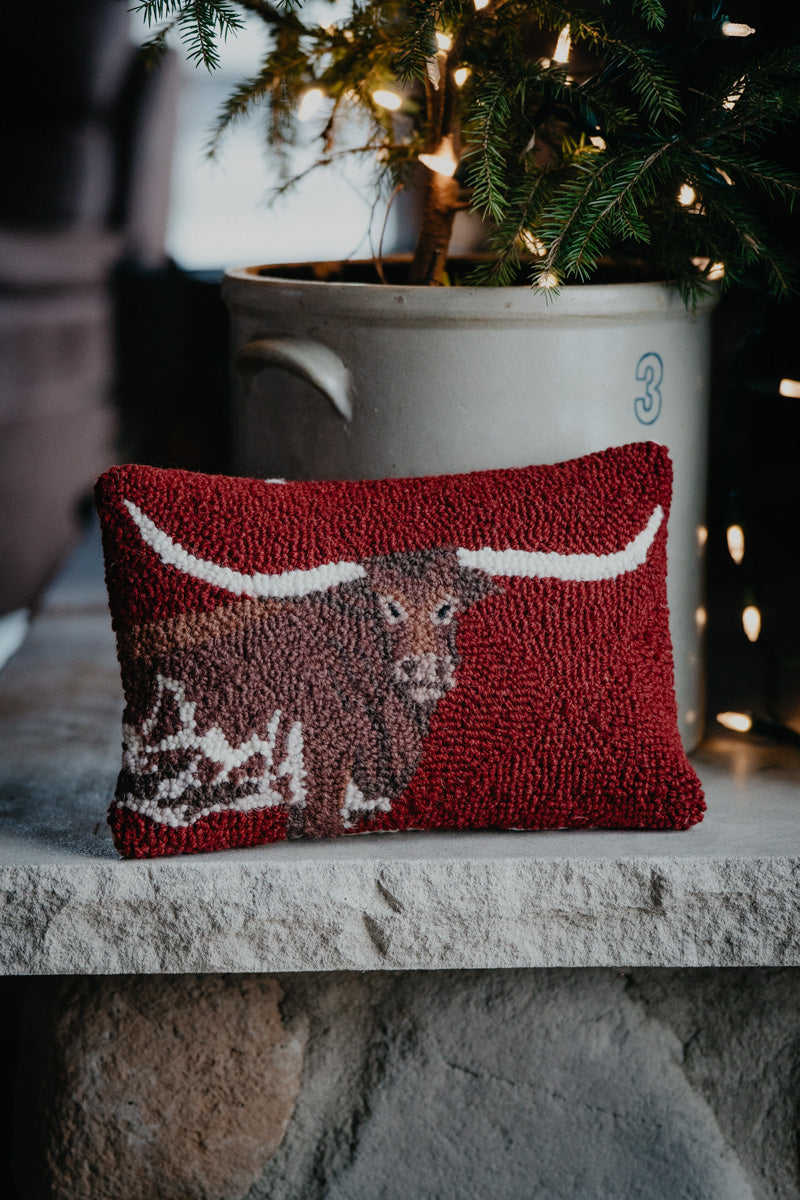Small Longhorn Rug Hooked Pillow (8"x12")