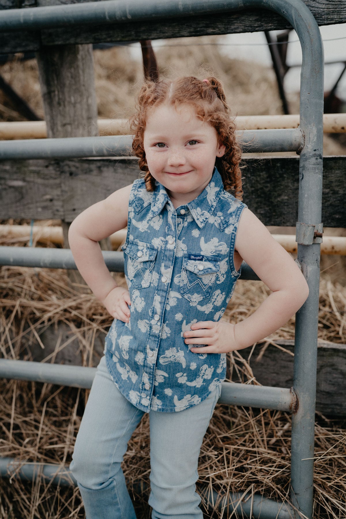 'Bonnie' Wrangler Girls Sleeveless Denim Boot Pearl Snap Shirt (XS - XL)