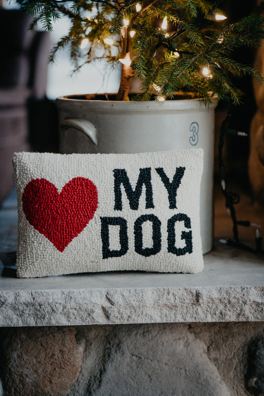 Heart My Dog Rug Hooked Pillow (8"x12")