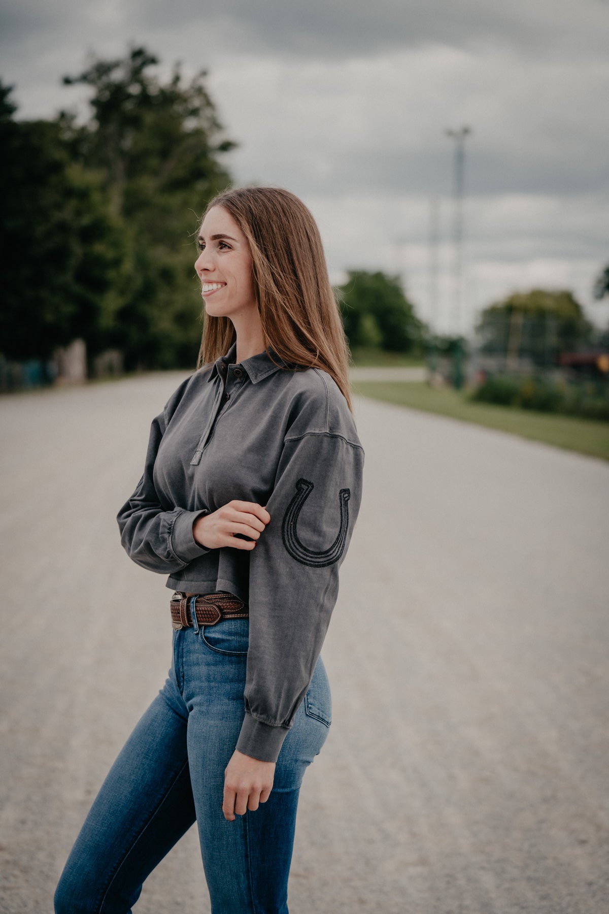'Lucky' Grey Women's Cropped Long Sleeve Polo by Wrangler