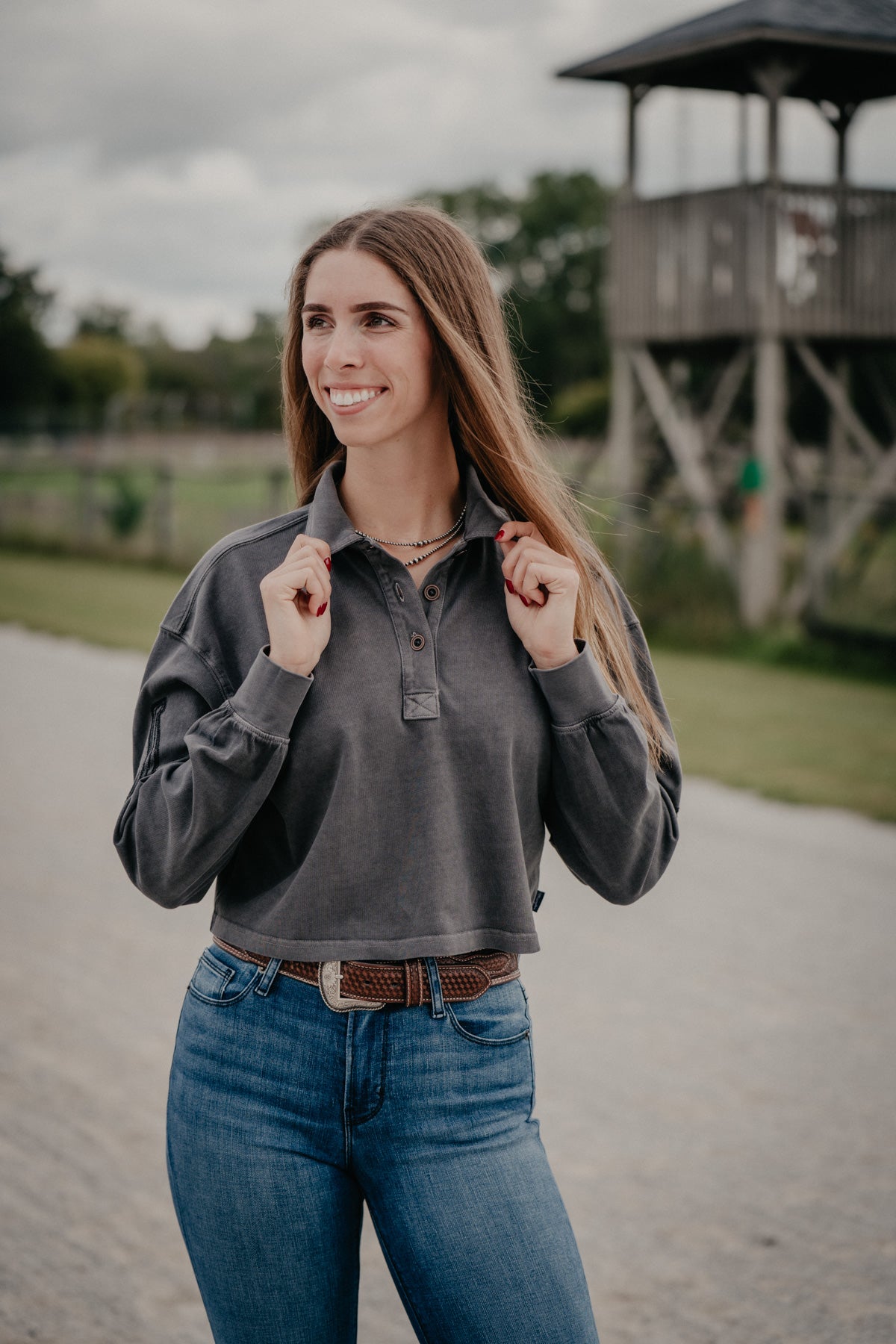 'Lucky' Grey Women's Cropped Long Sleeve Polo by Wrangler