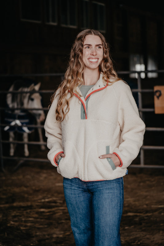 'Skylar' Wrangler Cream Sherpa Pullover with Teal & Corral Accents (XS-XXL)