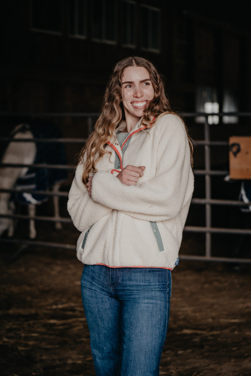 'Skylar' Wrangler Cream Sherpa Pullover with Teal & Corral Accents (XS-XXL)