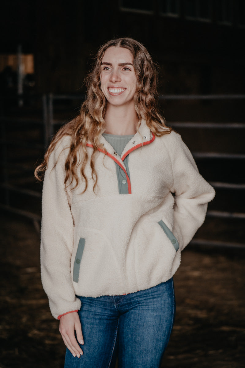 'Skylar' Wrangler Cream Sherpa Pullover with Teal & Corral Accents (XS-XXL)