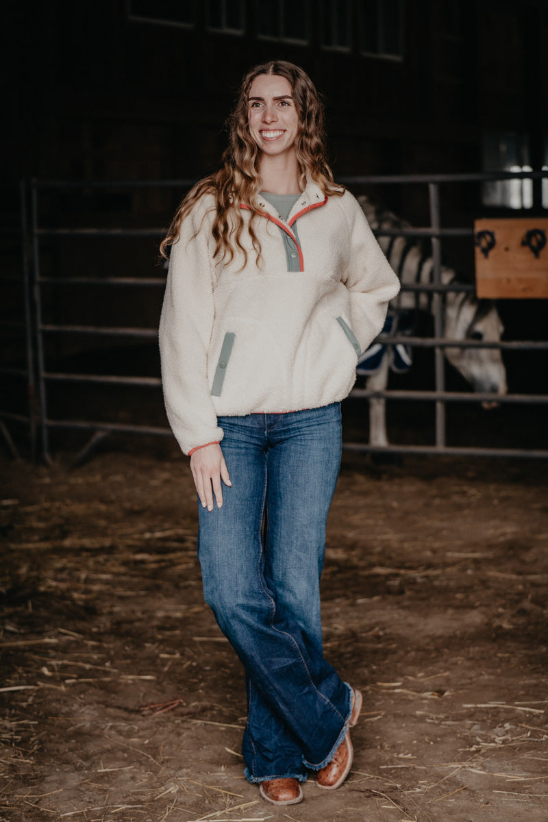 'Skylar' Wrangler Cream Sherpa Pullover with Teal & Corral Accents (XS-XXL)
