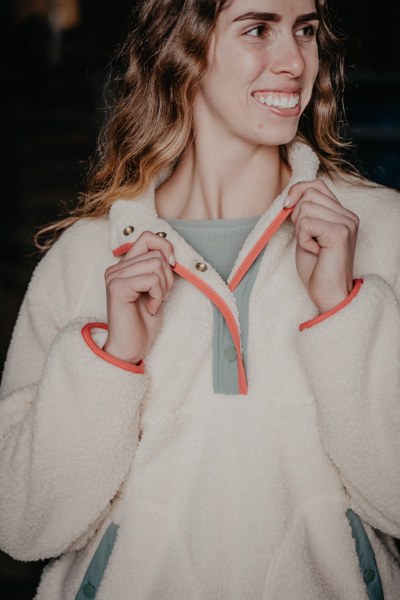 'Skylar' Wrangler Cream Sherpa Pullover with Teal & Corral Accents (XS-XXL)