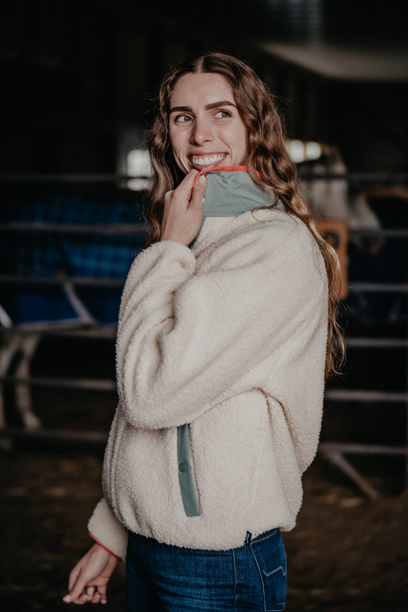 'Skylar' Wrangler Cream Sherpa Pullover with Teal & Corral Accents (XS-XXL)