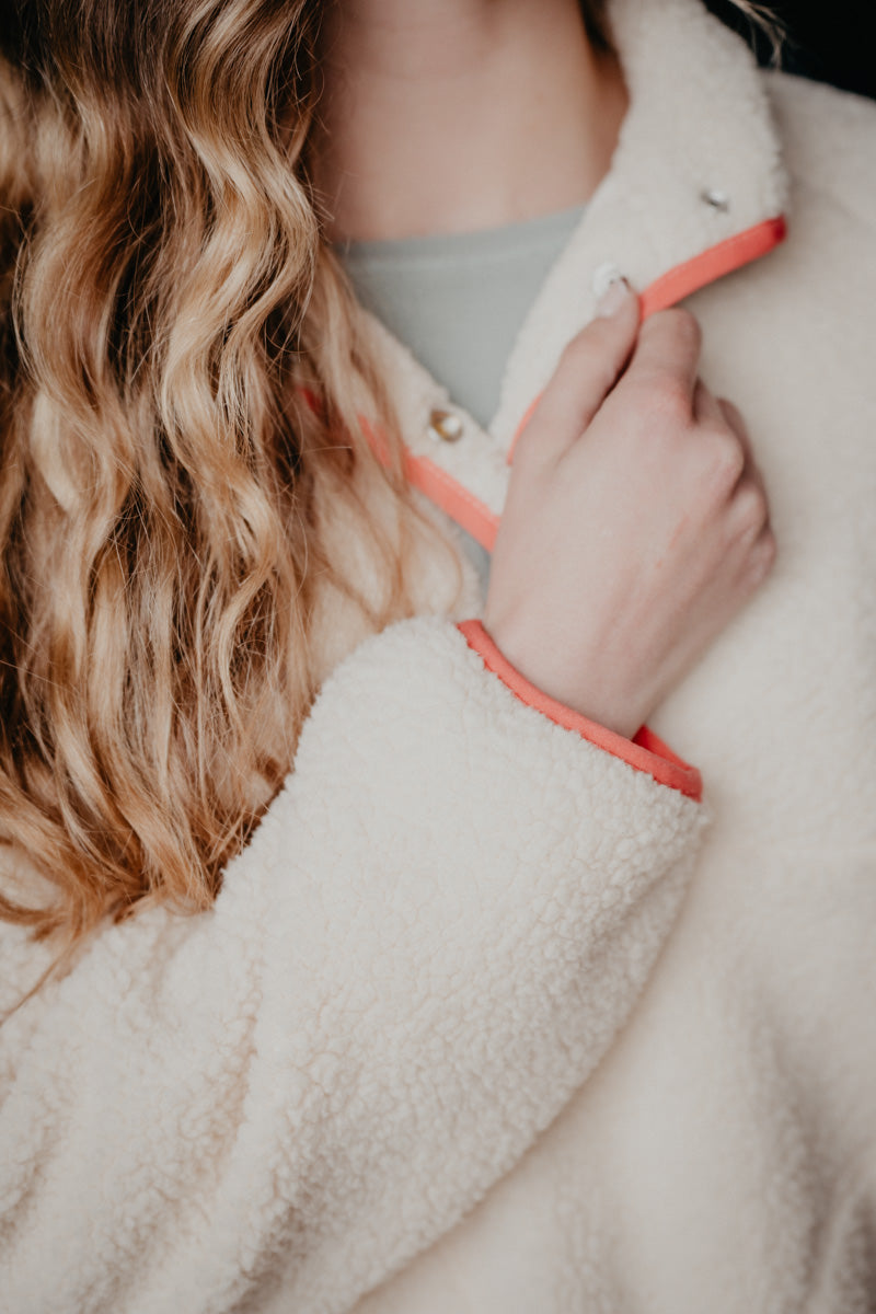 'Skylar' Wrangler Cream Sherpa Pullover with Teal & Corral Accents (XS-XXL)