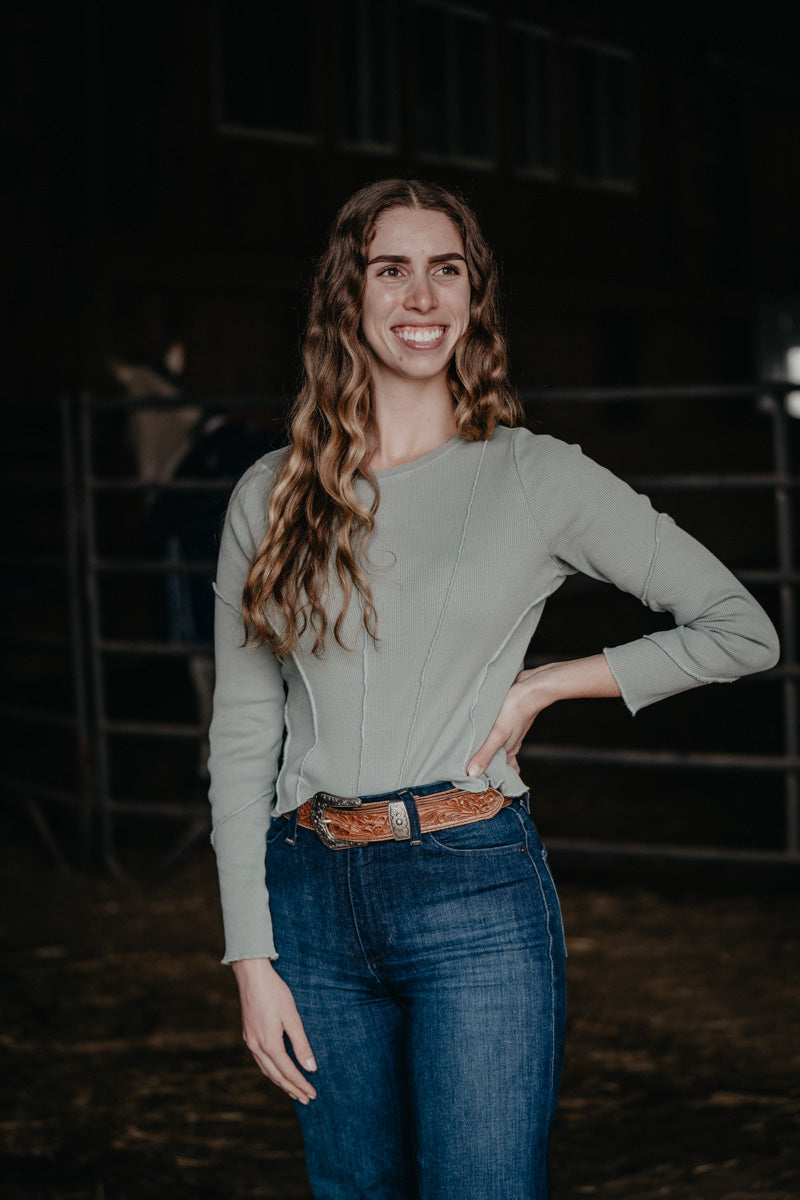 'Erin' Teal Long Sleeve Top with Exposed Seams (XS-XXL)