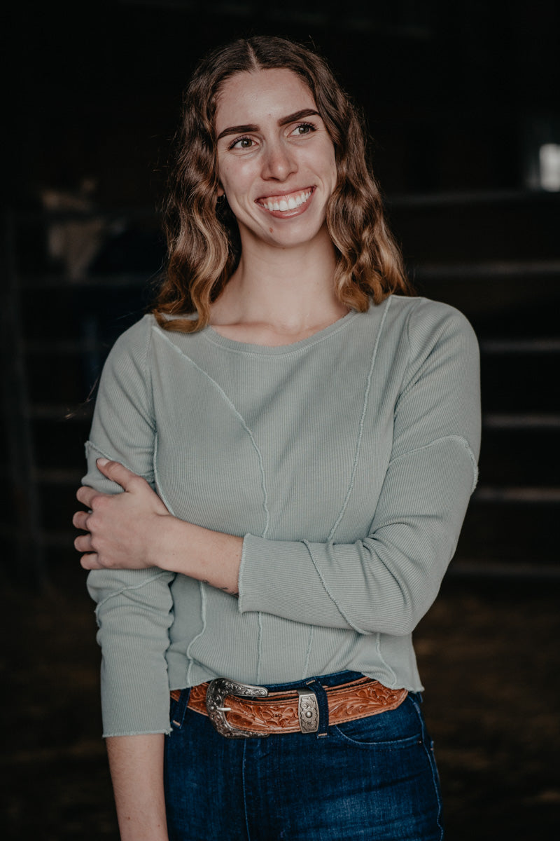 'Erin' Teal Long Sleeve Top with Exposed Seams (XS-XXL)