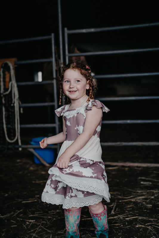 'Chelsie' Brown Cowprint Ruffle Dress (3-6M to 5T)