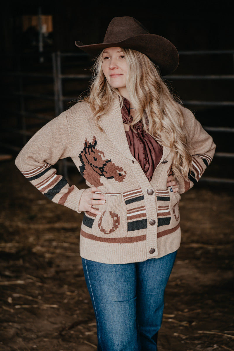 'Winnie' Women's Wrangler Tan Horse Cardigan (S-XXL)
