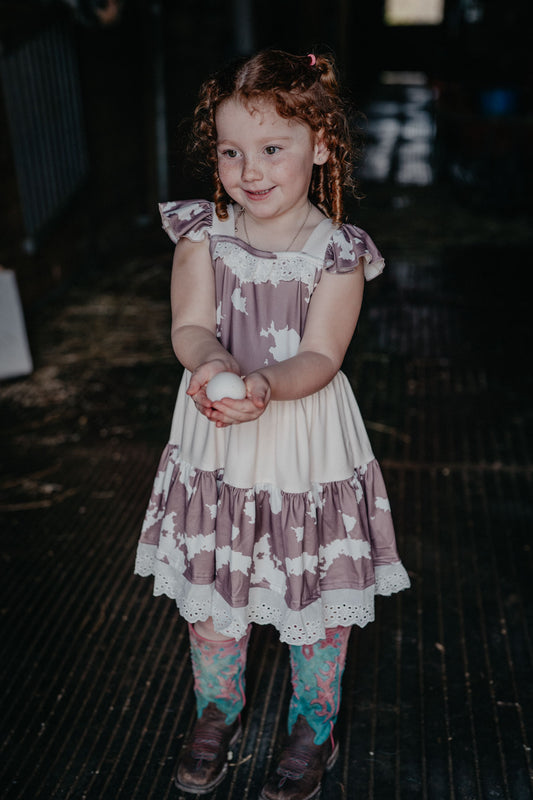 'Chelsie' Brown Cowprint Ruffle Dress (3-6M to 5T)