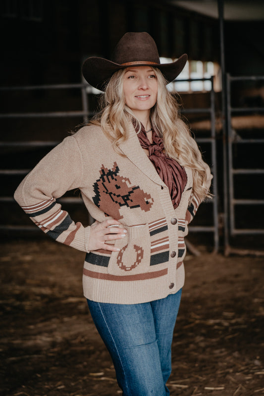 'Winnie' Women's Wrangler Tan Horse Cardigan (S-XXL)