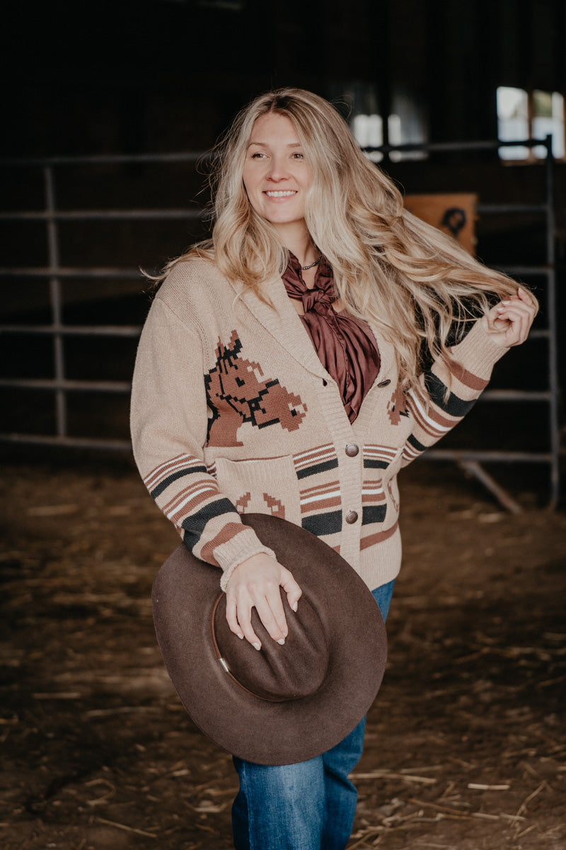 'Winnie' Women's Wrangler Tan Horse Cardigan (S-XXL)