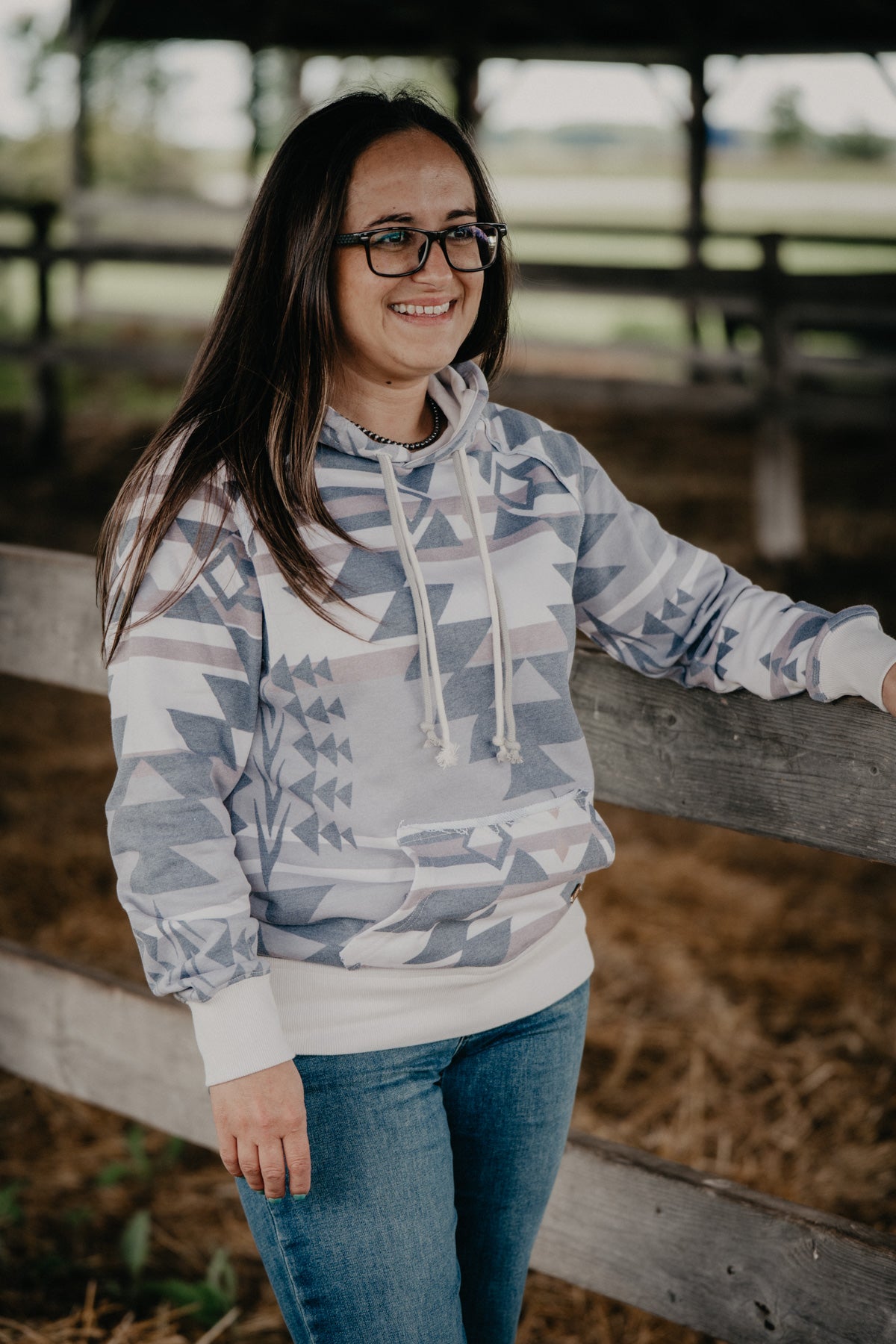 'Jade' Women's Hooey Gardenia Cream Hoody with Tan/Charcoal Aztec Pattern