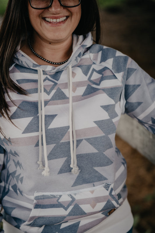 'Jade' Women's Hooey Gardenia Cream Hoody with Tan/Charcoal Aztec Pattern