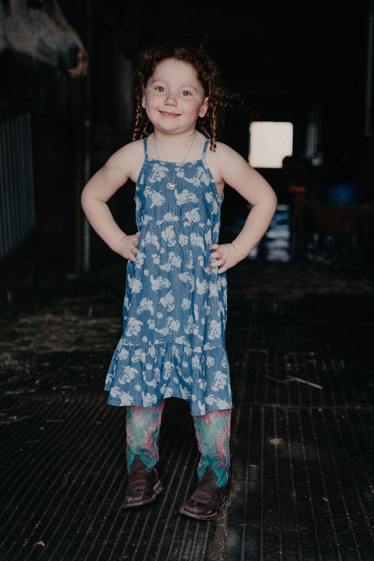 'Bree' Wrangler Girl's Denim Sleeveless Denim Boot Print Snap Dress (0-3m-XL)