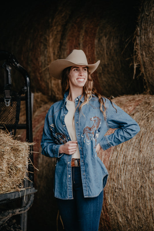 'Mackenzie' Long Sleeve Wrangler Denim Snap Shirt (XS-XL)