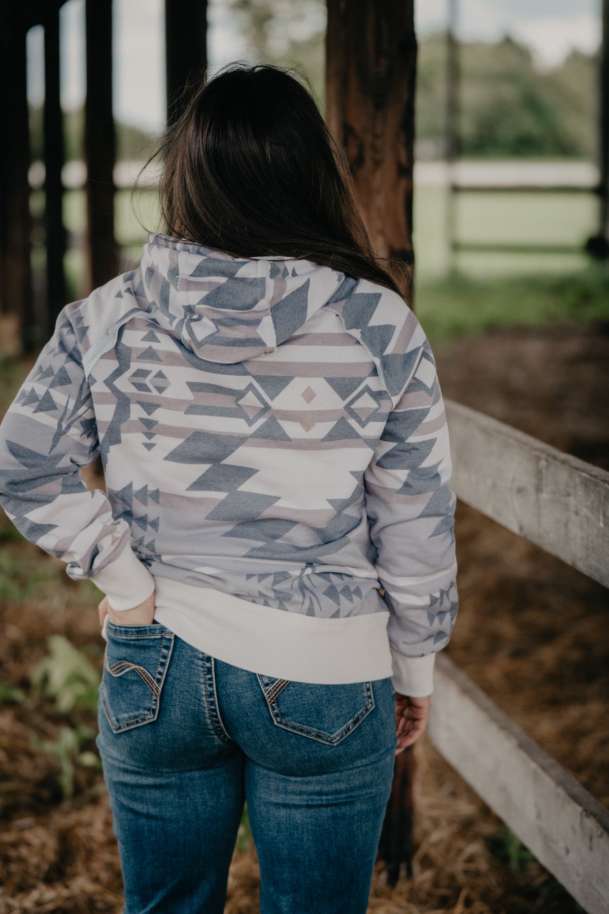'Jade' Women's Hooey Gardenia Cream Hoody with Tan/Charcoal Aztec Pattern