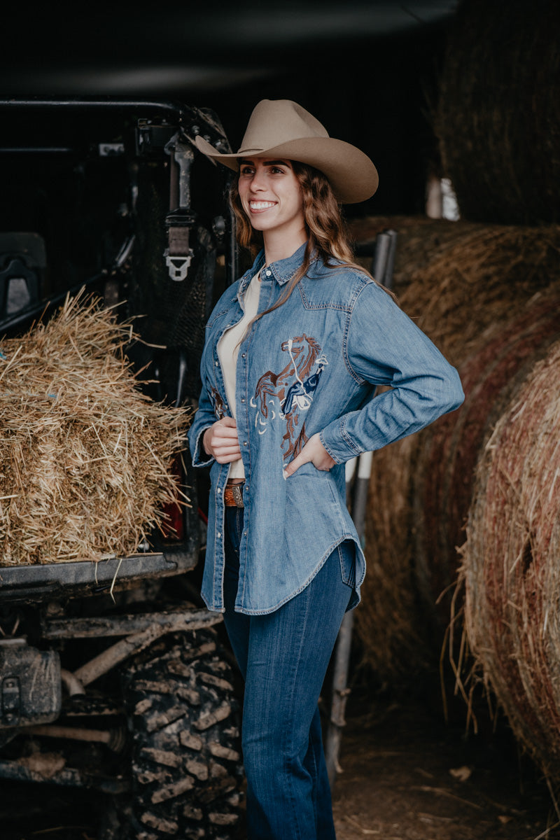 'Mackenzie' Long Sleeve Wrangler Denim Snap Shirt (XS-XL)