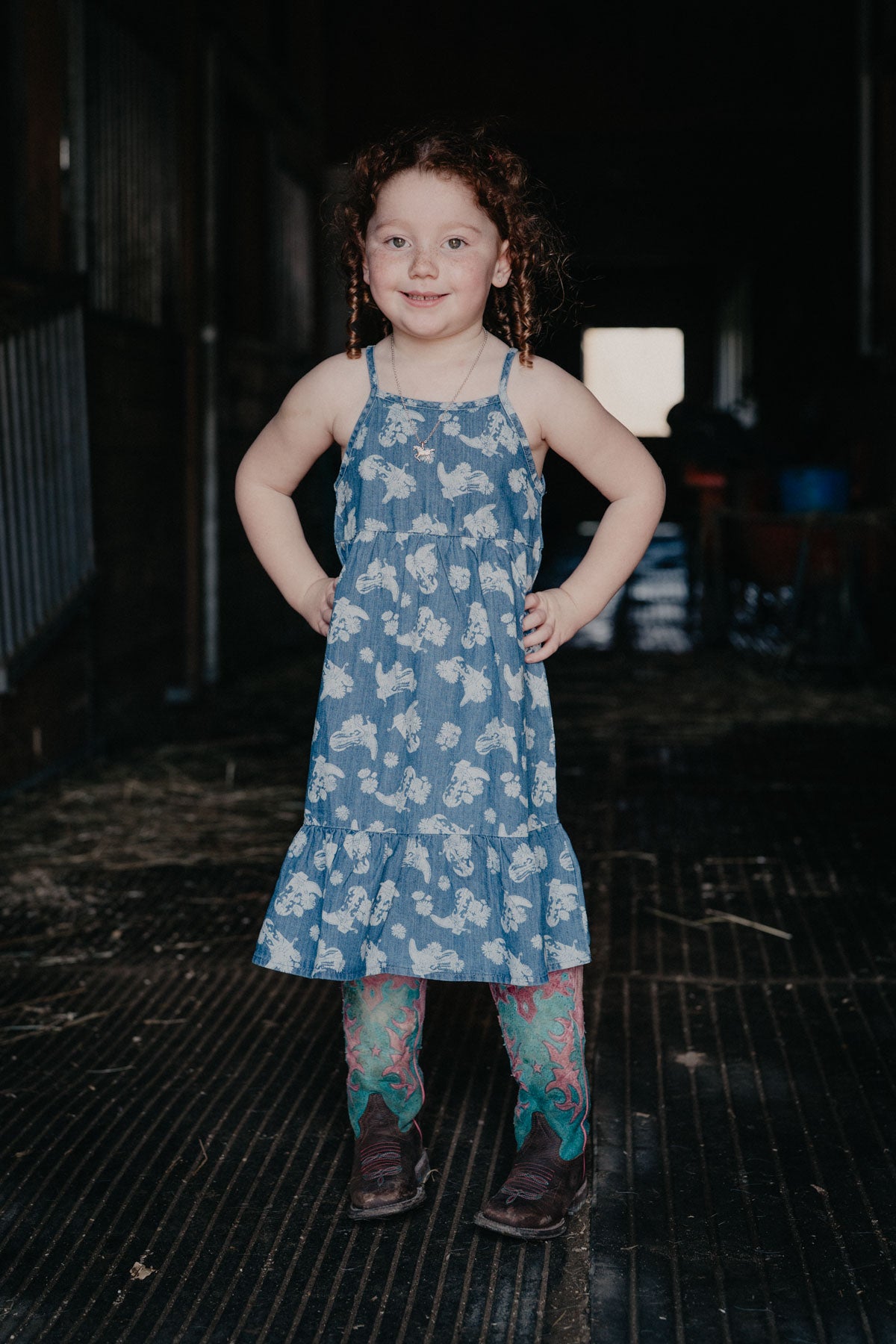'Bree' Wrangler Girl's Denim Sleeveless Denim Boot Print Snap Dress (0-3m-XL)