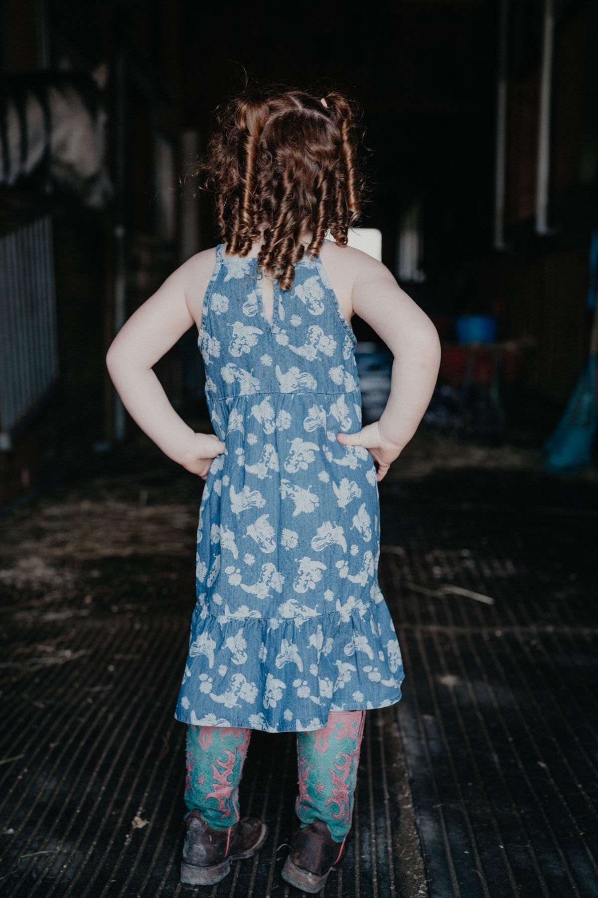'Bree' Wrangler Girl's Denim Sleeveless Denim Boot Print Snap Dress (0-3m-XL)