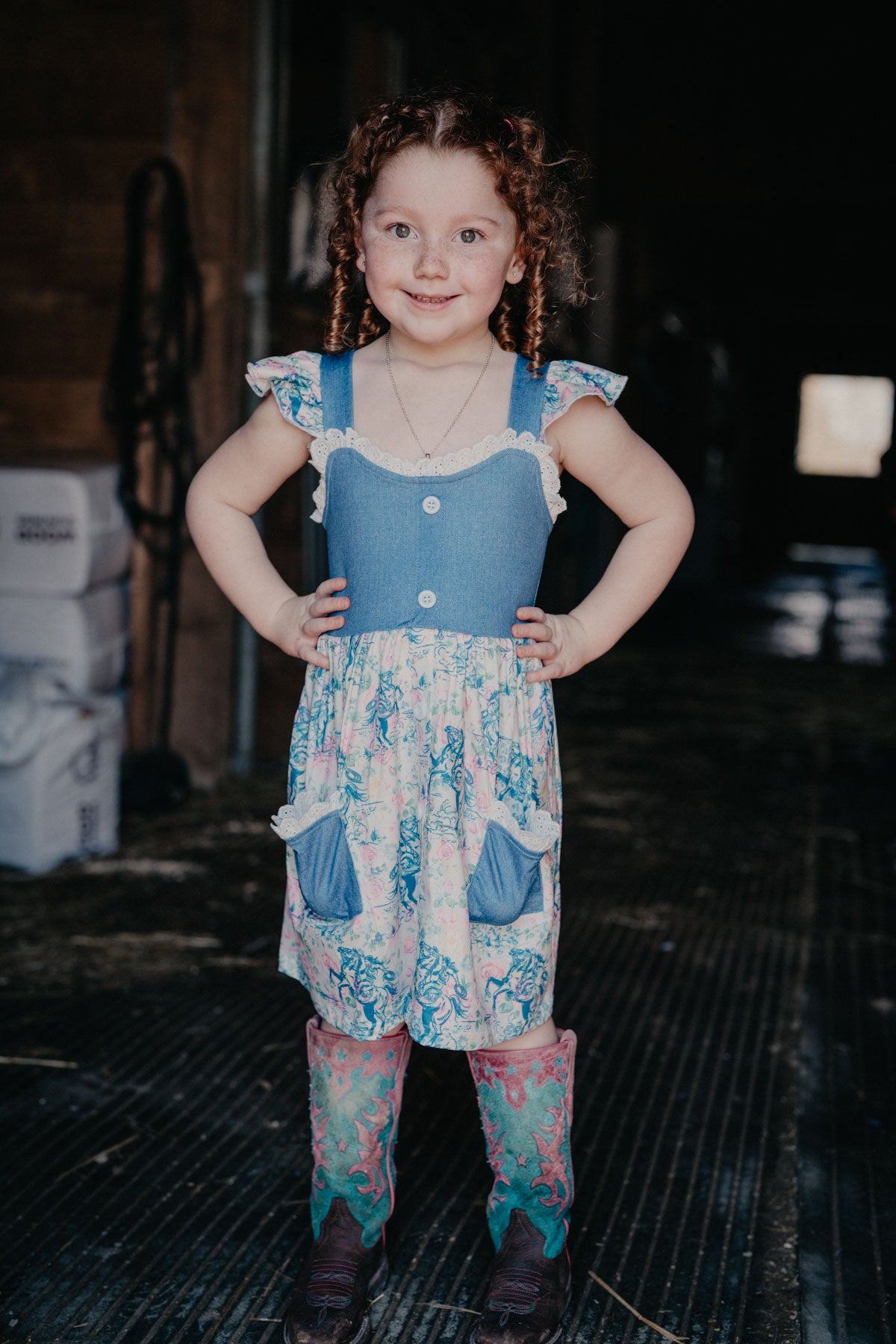 'Hadee' Floral Frontier Denim Dress (3-6M to 5T)