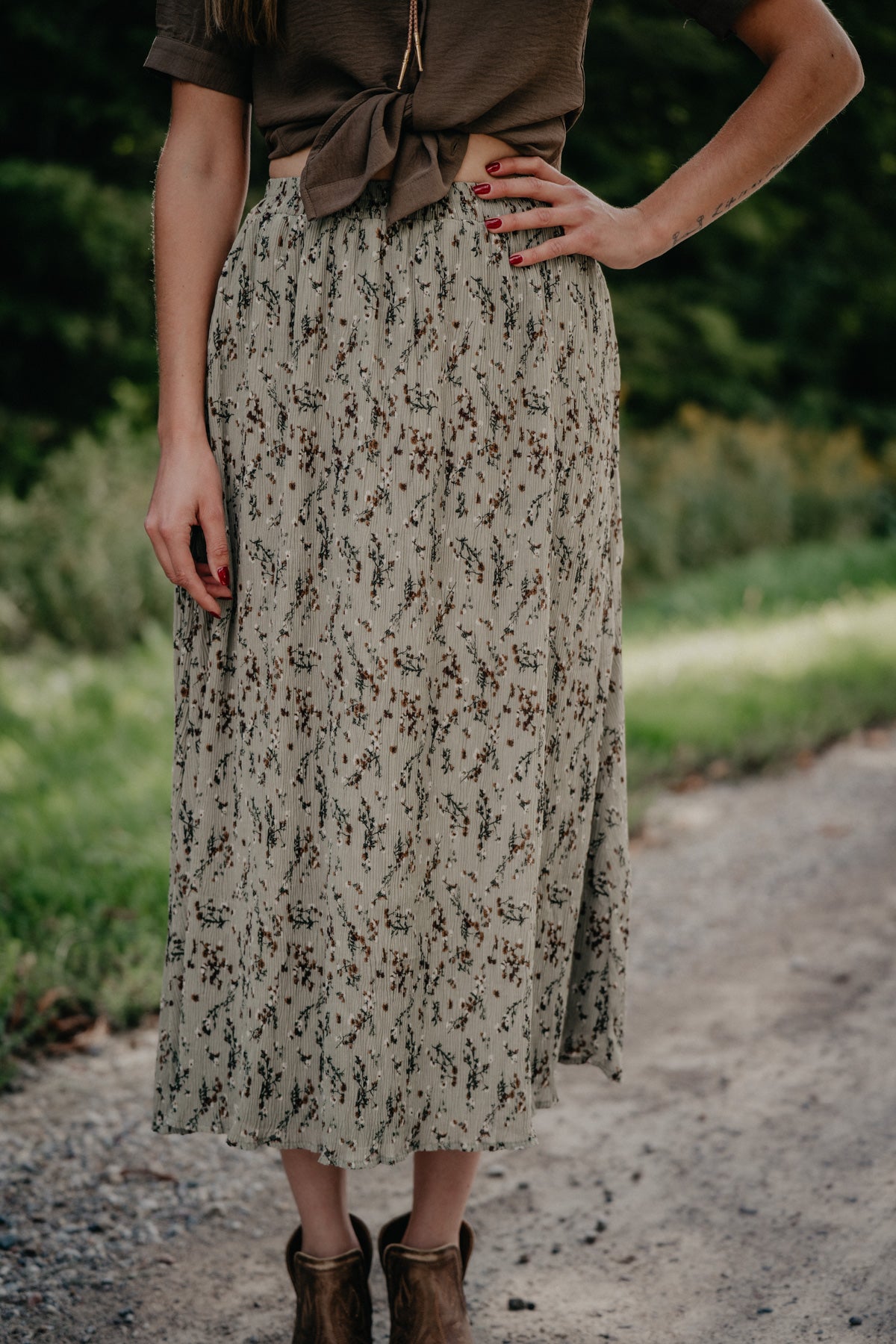 'Whimsical Nights' Sage Green Textured Midi Skirt