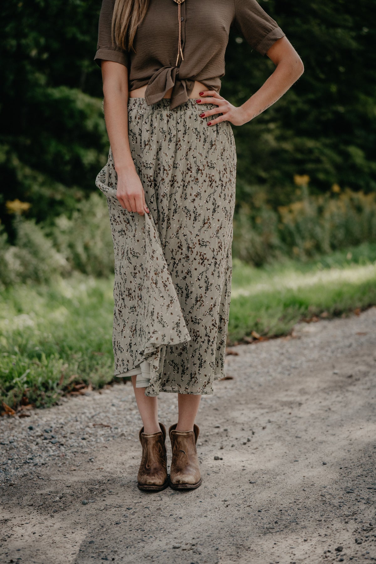 'Whimsical Nights' Sage Green Textured Midi Skirt