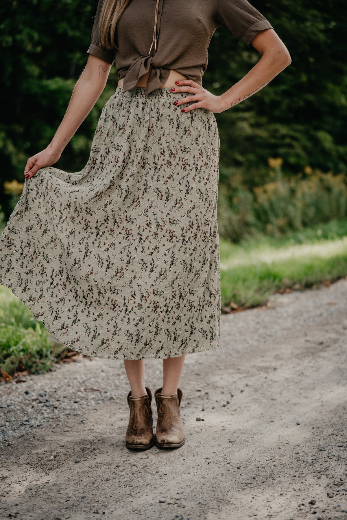 'Whimsical Nights' Sage Green Textured Midi Skirt