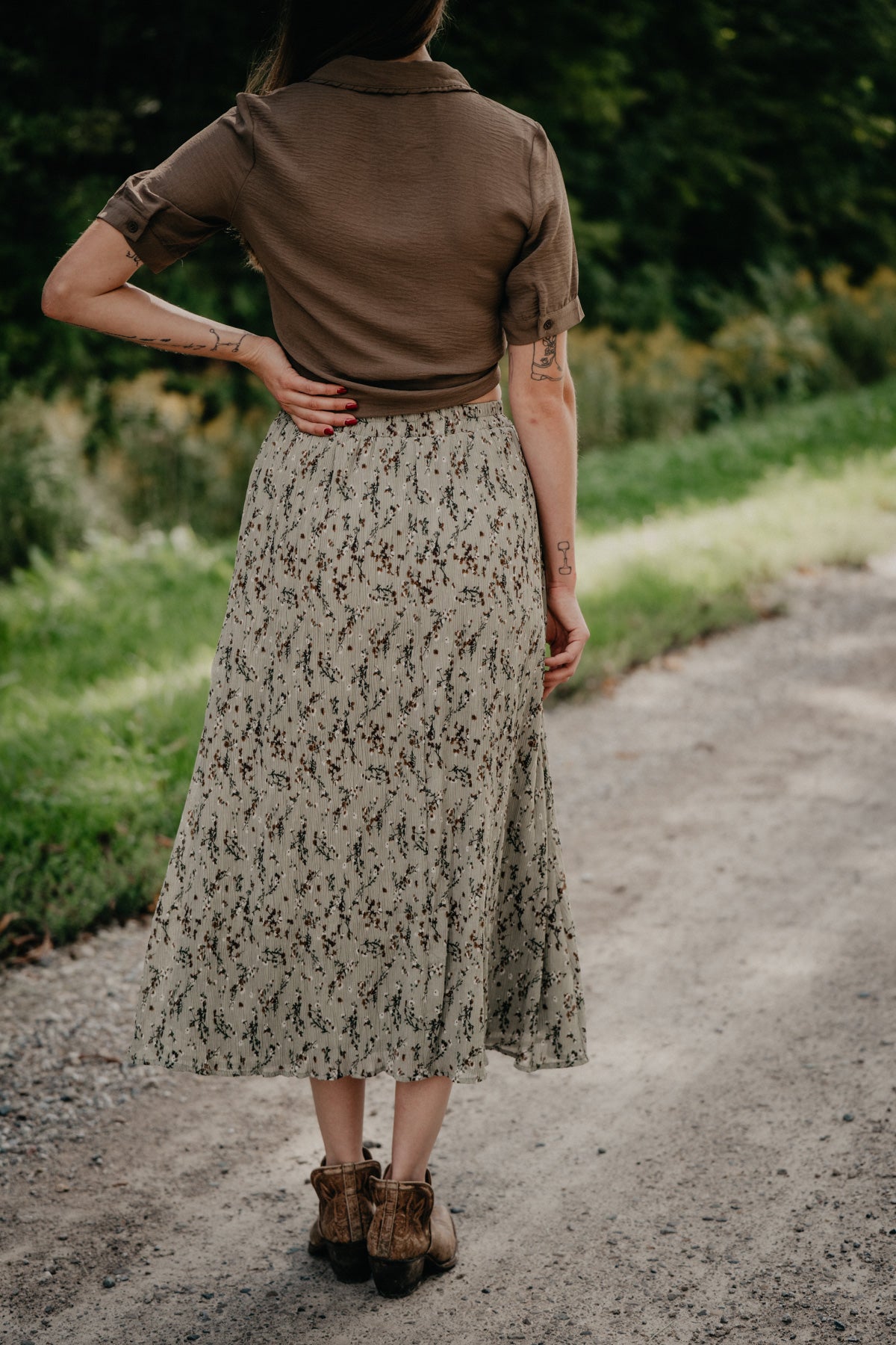 'Whimsical Nights' Sage Green Textured Midi Skirt