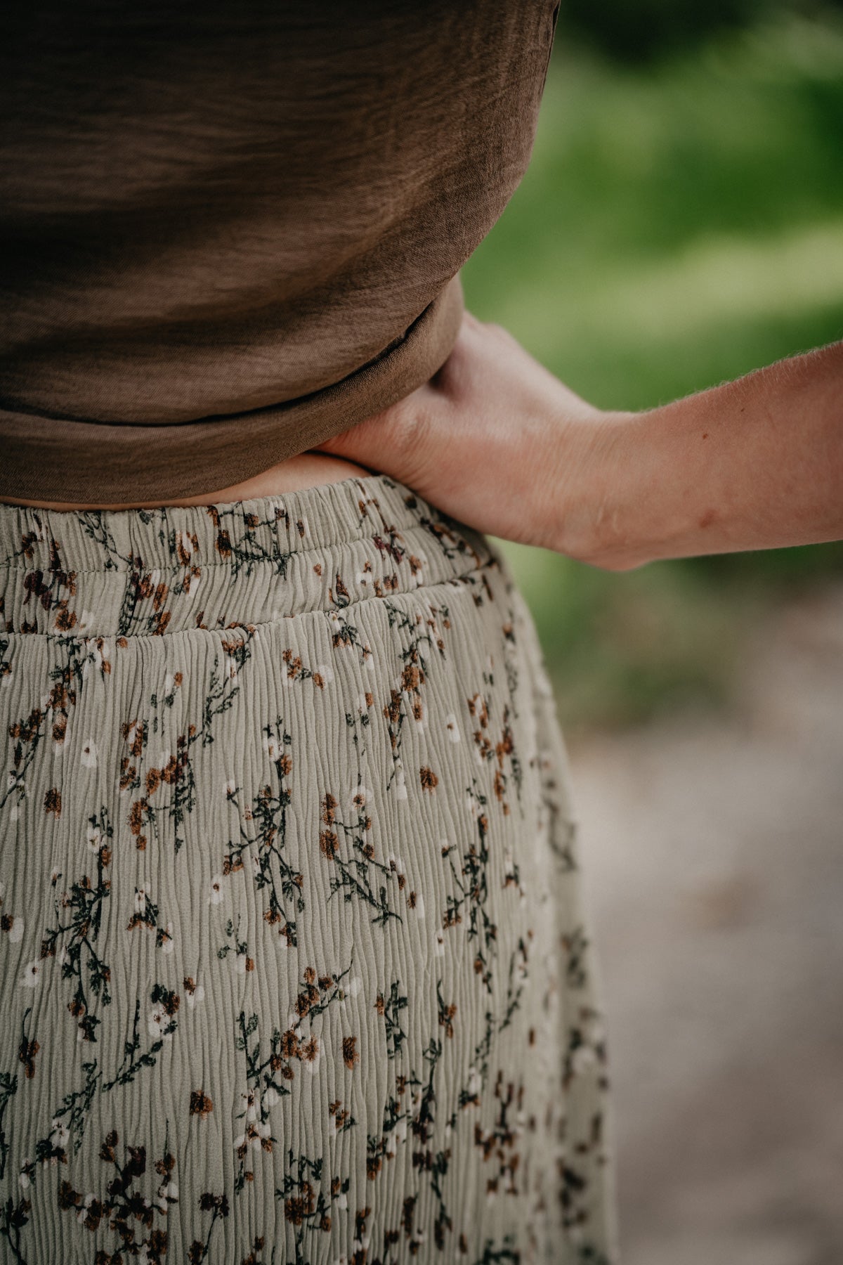 'Whimsical Nights' Sage Green Textured Midi Skirt