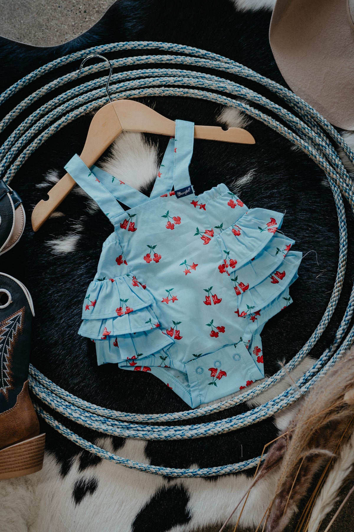 'Cherry' Wrangler Baby Girl Sleeveless Boot Print Onesie (0-3M-24M)